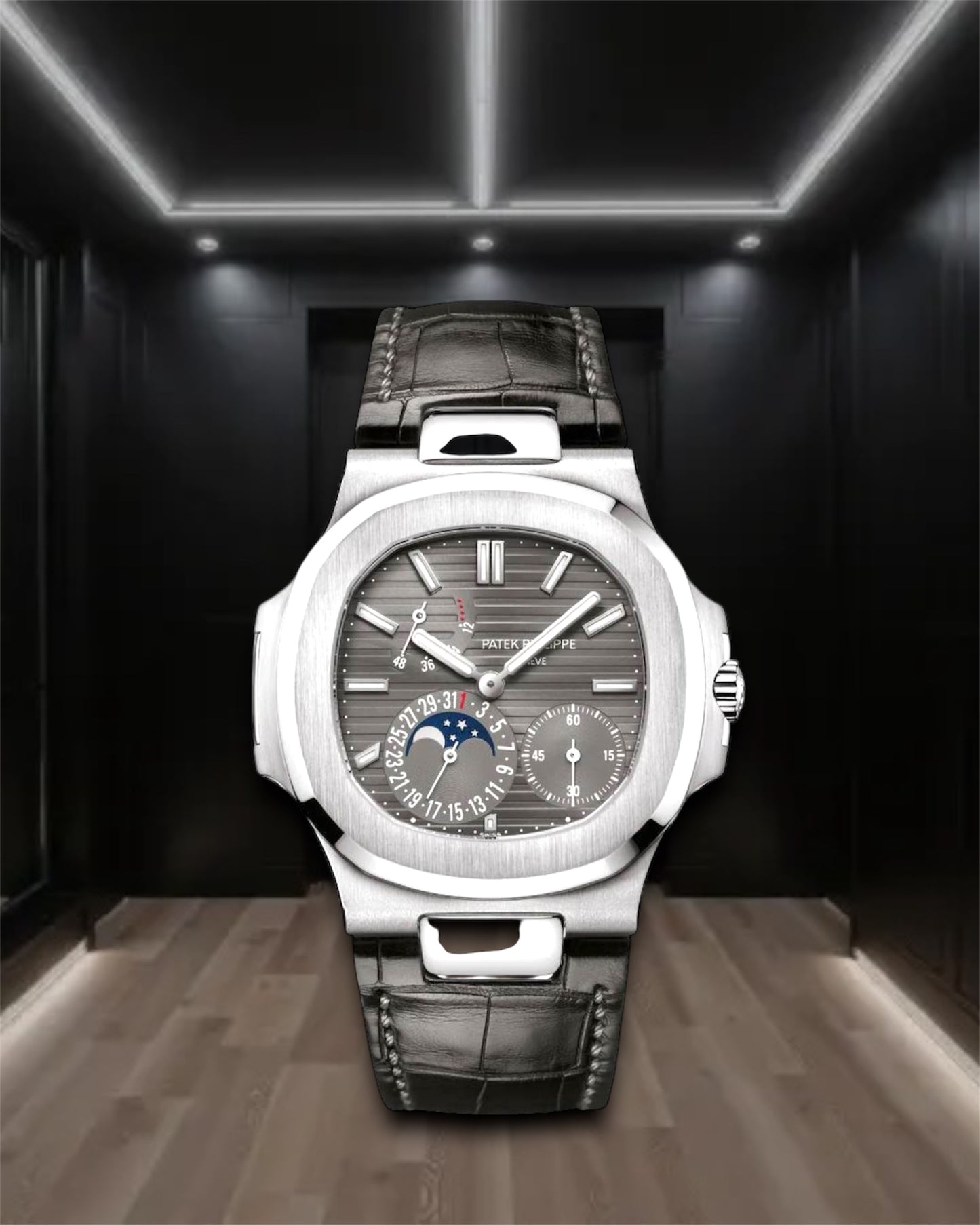 Patek Philippe Nautilus Power Reserve Moon Phase Steel Grey Dial Leather Strap 40.5mm