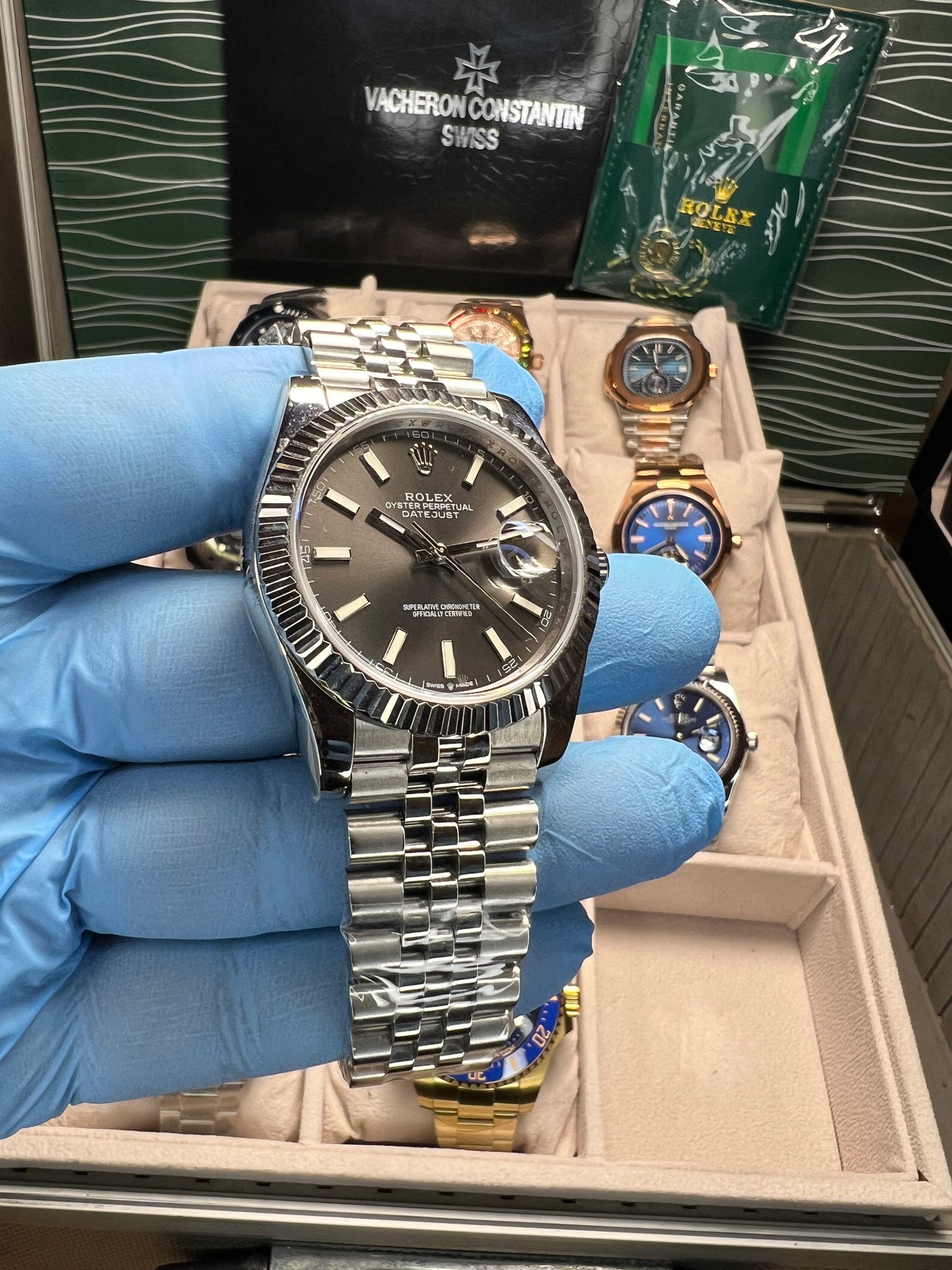 Datejust 41 Steel Dark Grey Dial Stick Markers Fluted Bezel Jubilee