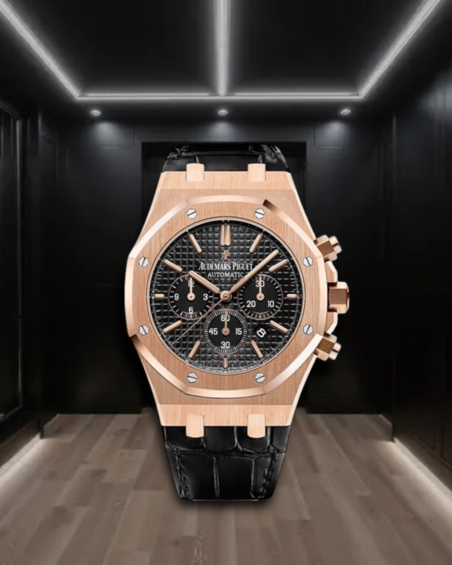 Audemars Piguet Royal Oak Chronograph Rose Gold Black Leather Strap 41mm