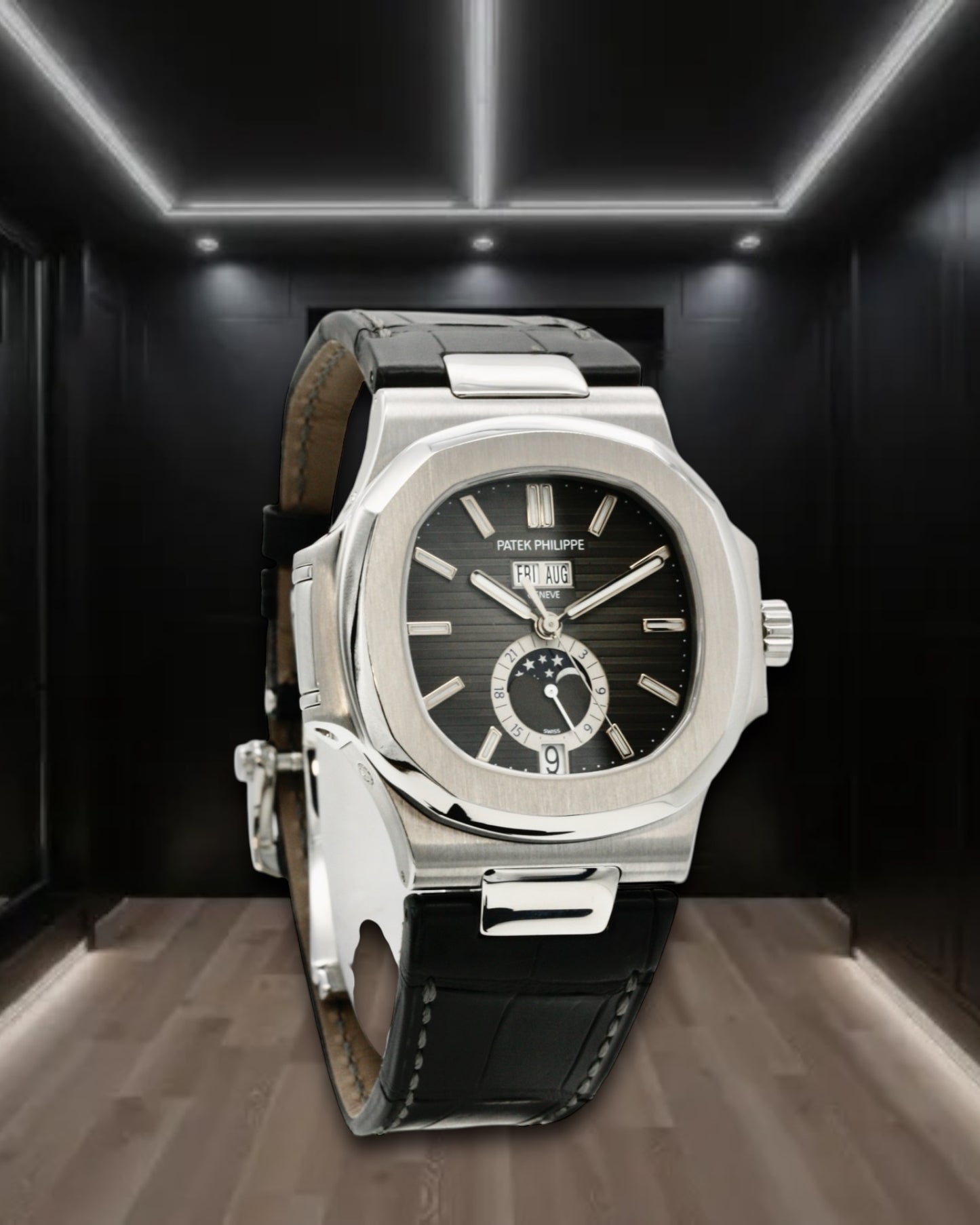 Patek Philippe Nautilus Annual Calendar Moon Phase Steel Black Dial Leather Strap 40.5mm