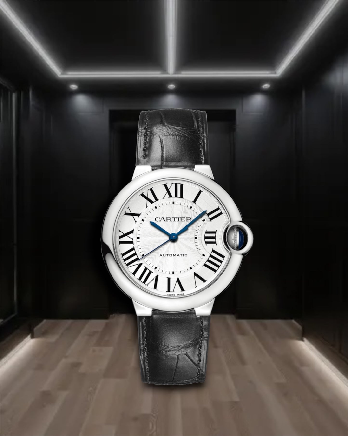 Cartier Ballon De Bleu Steel black Leather Strap 36mm