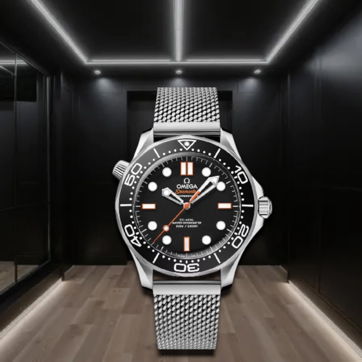 Omega Seamaster Diver 300M Steel Black Dial Orange Details Steel Mesh Bracelet 42mm