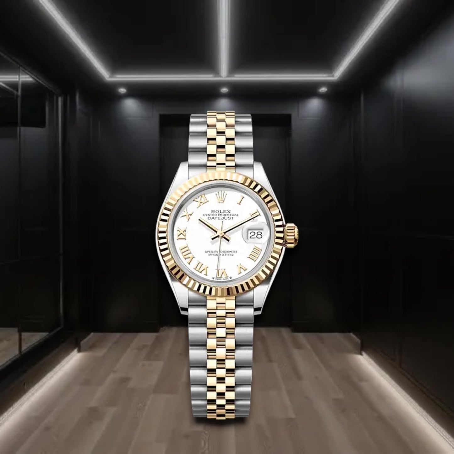 Datejust Two Tone Yellow Gold White Dial Fluted Bezel Roman Markers Jubilee 31mm