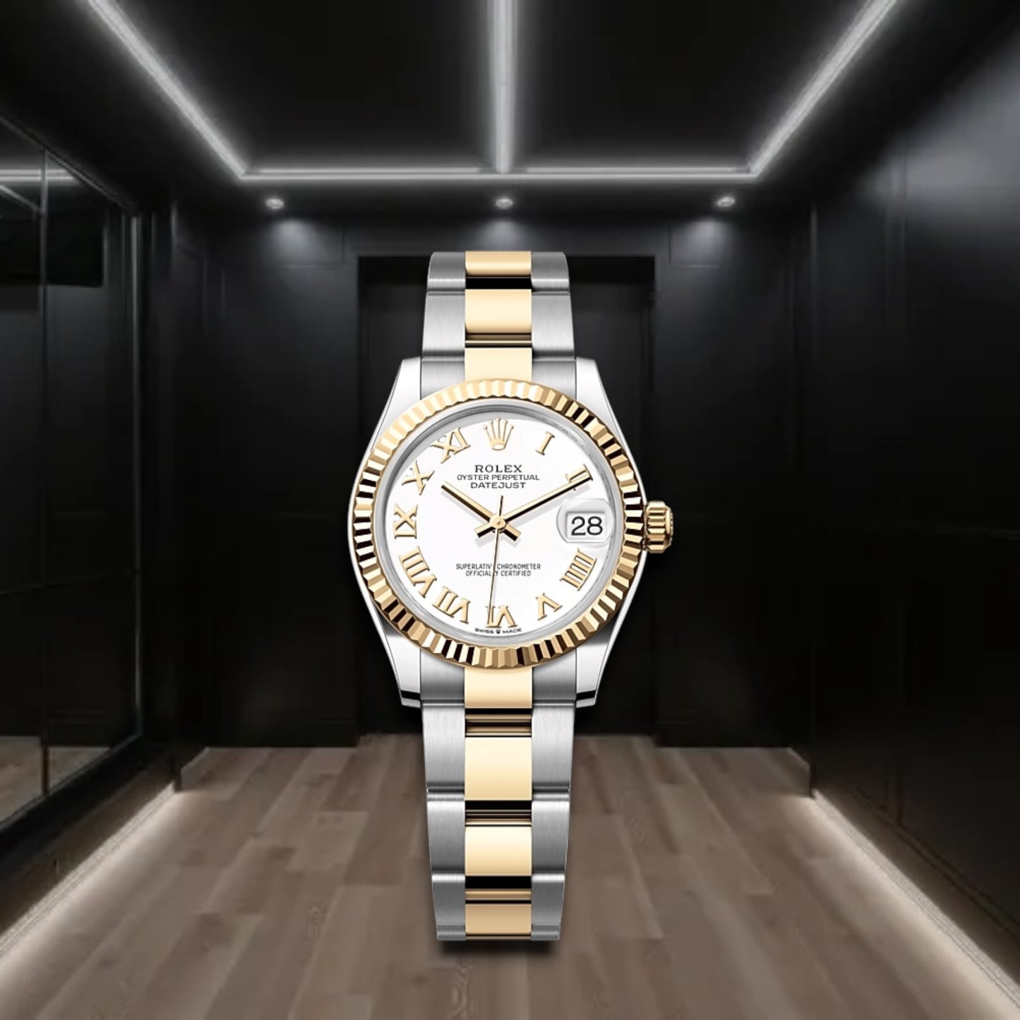 Datejust Two Tone Yellow Gold White Dial Fluted Bezel Roman Markers Oyster 31mm
