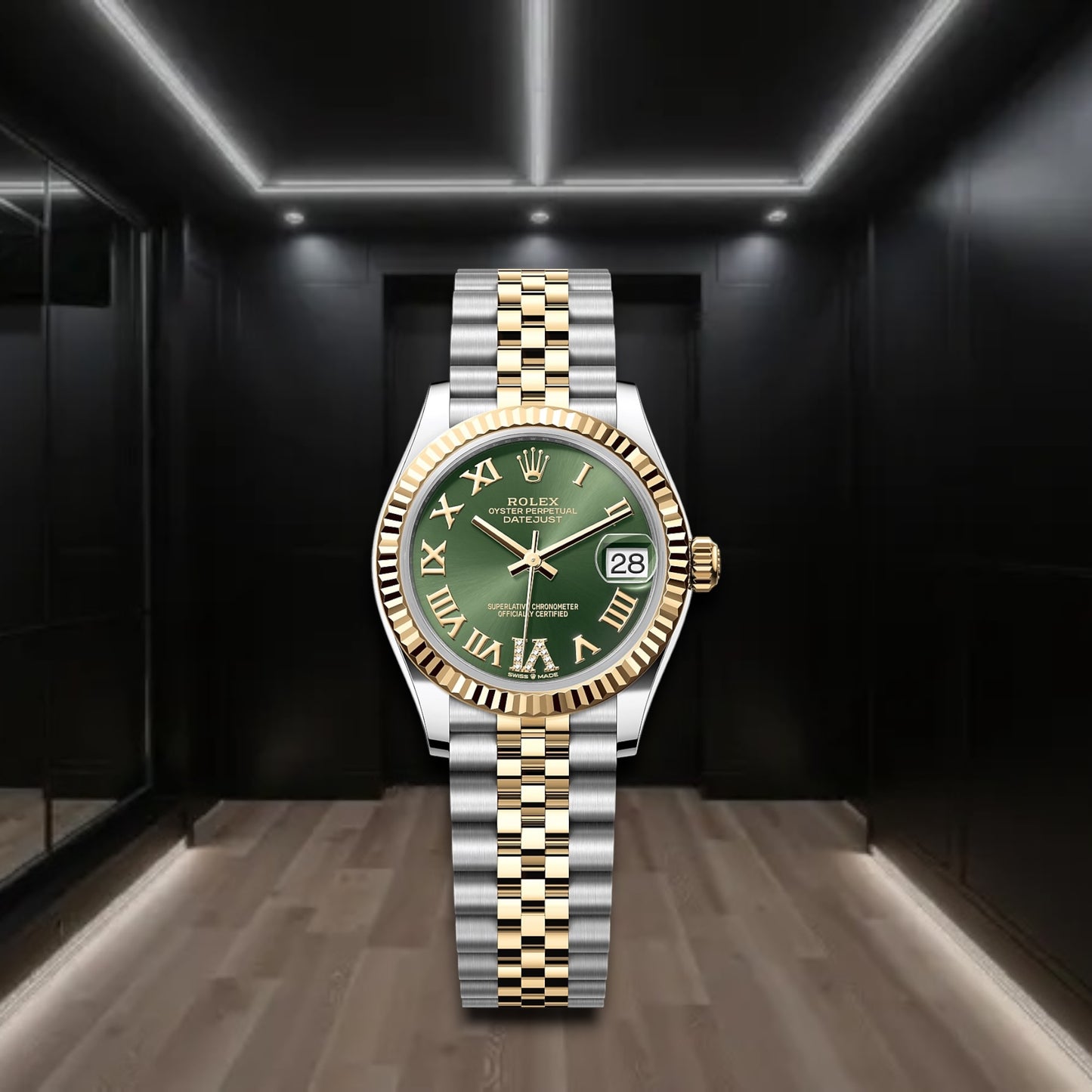 Datejust Two Tone Yellow Gold Green Dial Fluted Bezel Roman Markers Jubilee 31mm