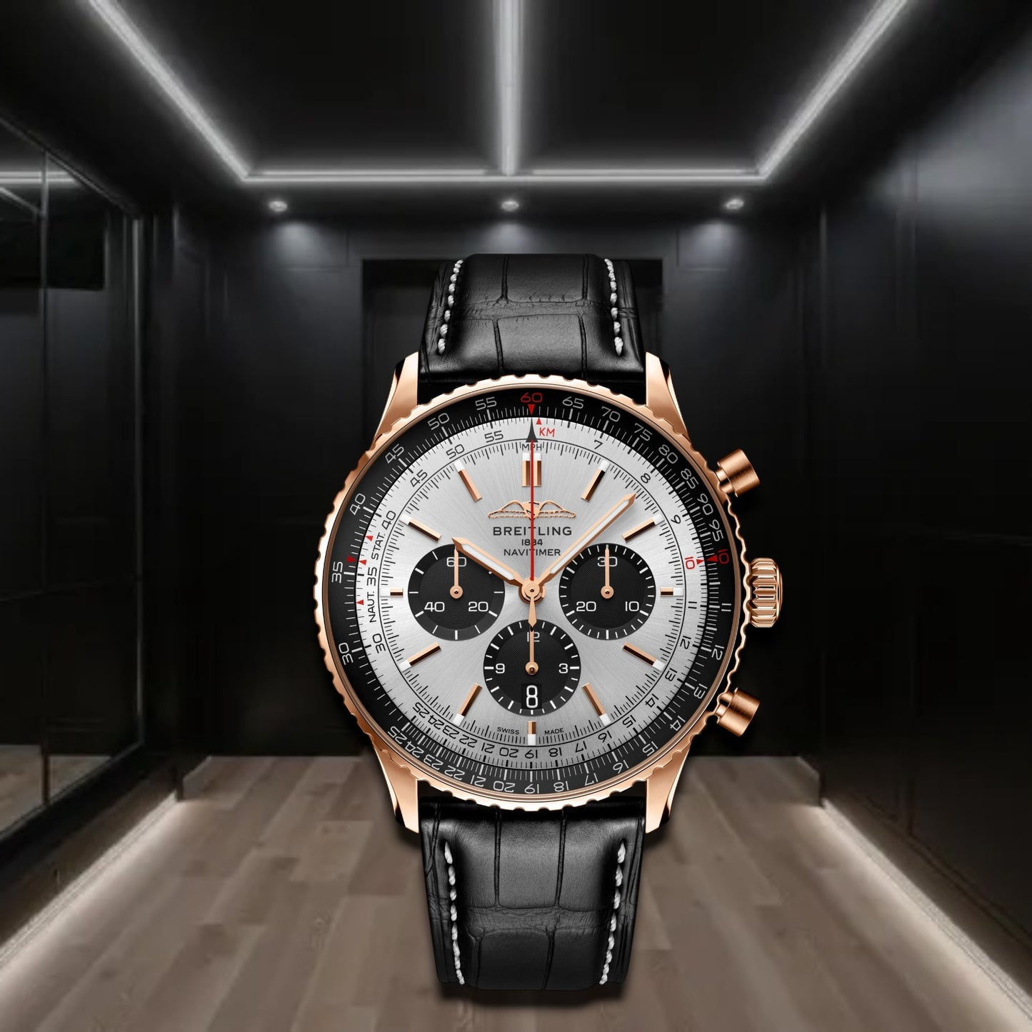 Breitling Navitimer B01 Chronograph Rose Gold Grey Dial Leather Strap 43mm