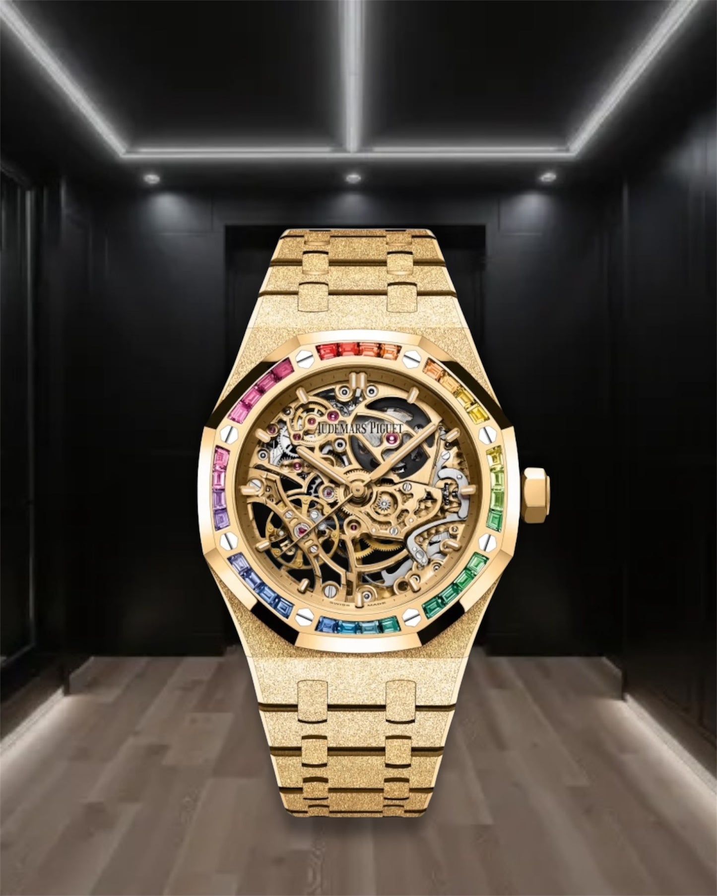 Audemars Piguet Royal Oak Rainbow Crystals Bezel Double Balance Wheel Openworked Frosted Yellow Gold 41mm