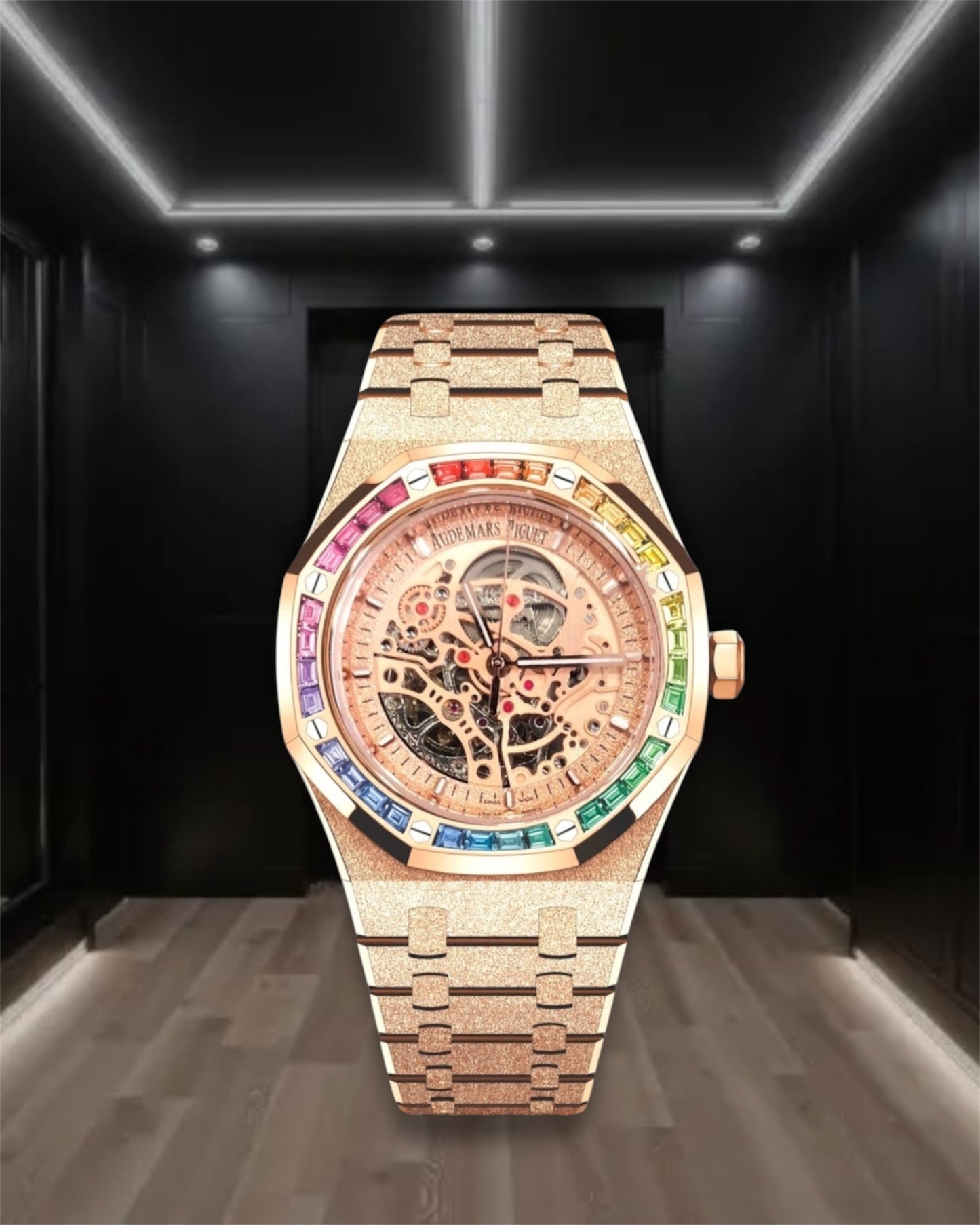 Audemars Piguet Royal Oak Rainbow Crystals Bezel Double Balance Wheel Openworked Frosted Rose Gold 41mm