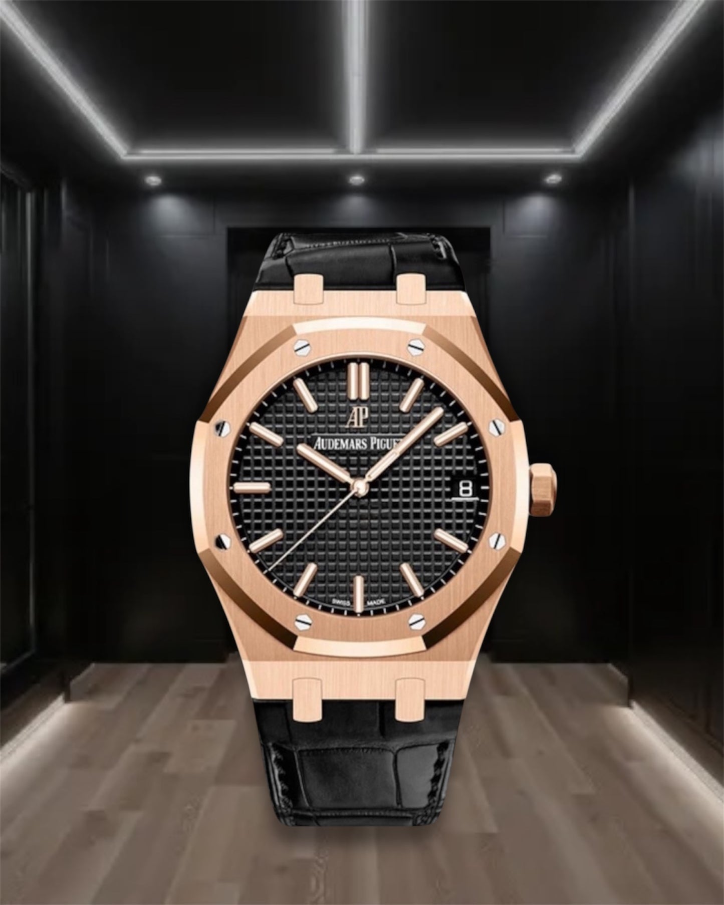 Audemars Piguet Royal Oak Rose Gold Black Leather Strap 41mm