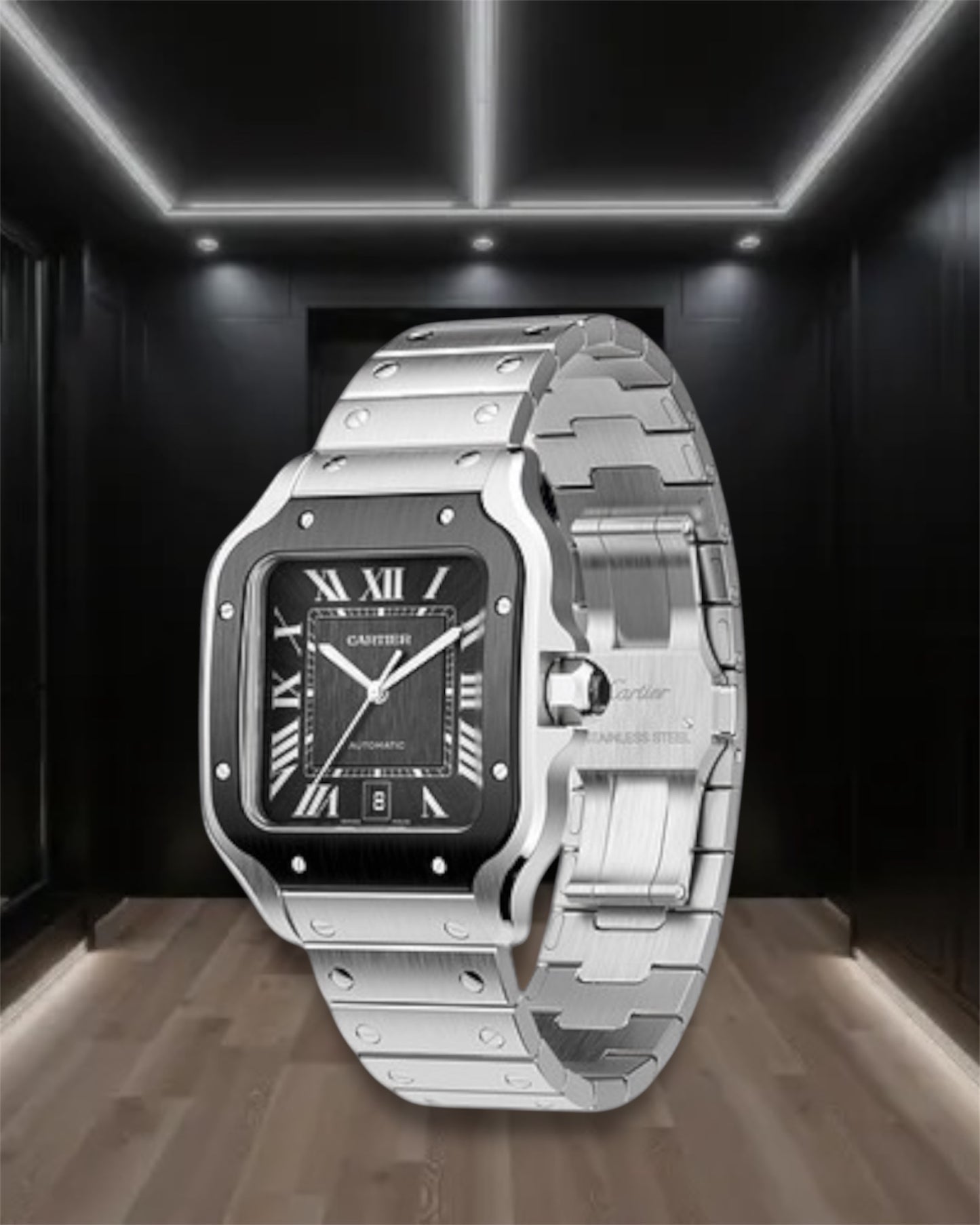 Cartier Santos De Cartier Large Steel Black Dial Black Bezel 40mm