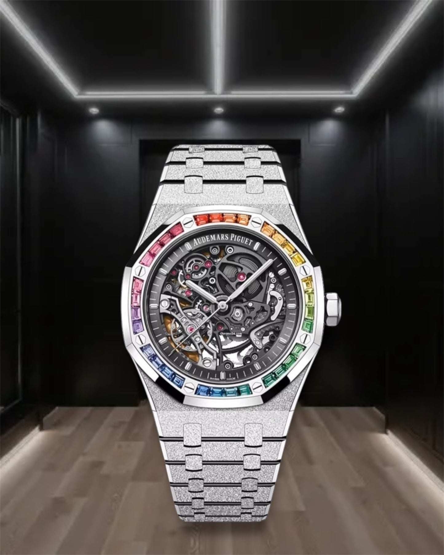 Audemars Piguet Royal Oak Rainbow Crystals Bezel Double Balance Wheel Openworked Frosted Steel 41mm