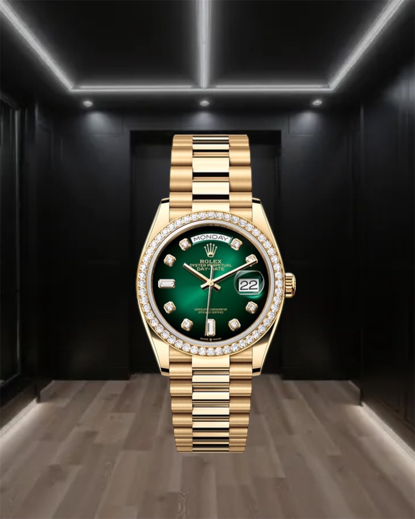 Day-Date Yellow Gold Green Dial Diamond Bezel President 36mm