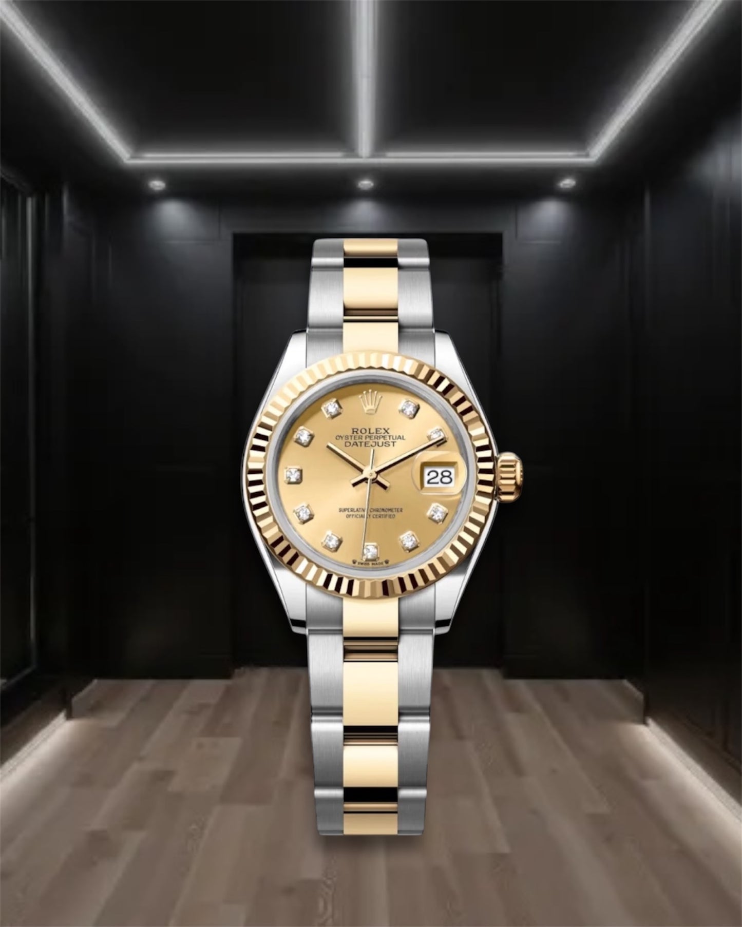 Lady Datejust 28 Two Tone Gold Champagne Dial Fluted Bezel Diamond Markers Oyster