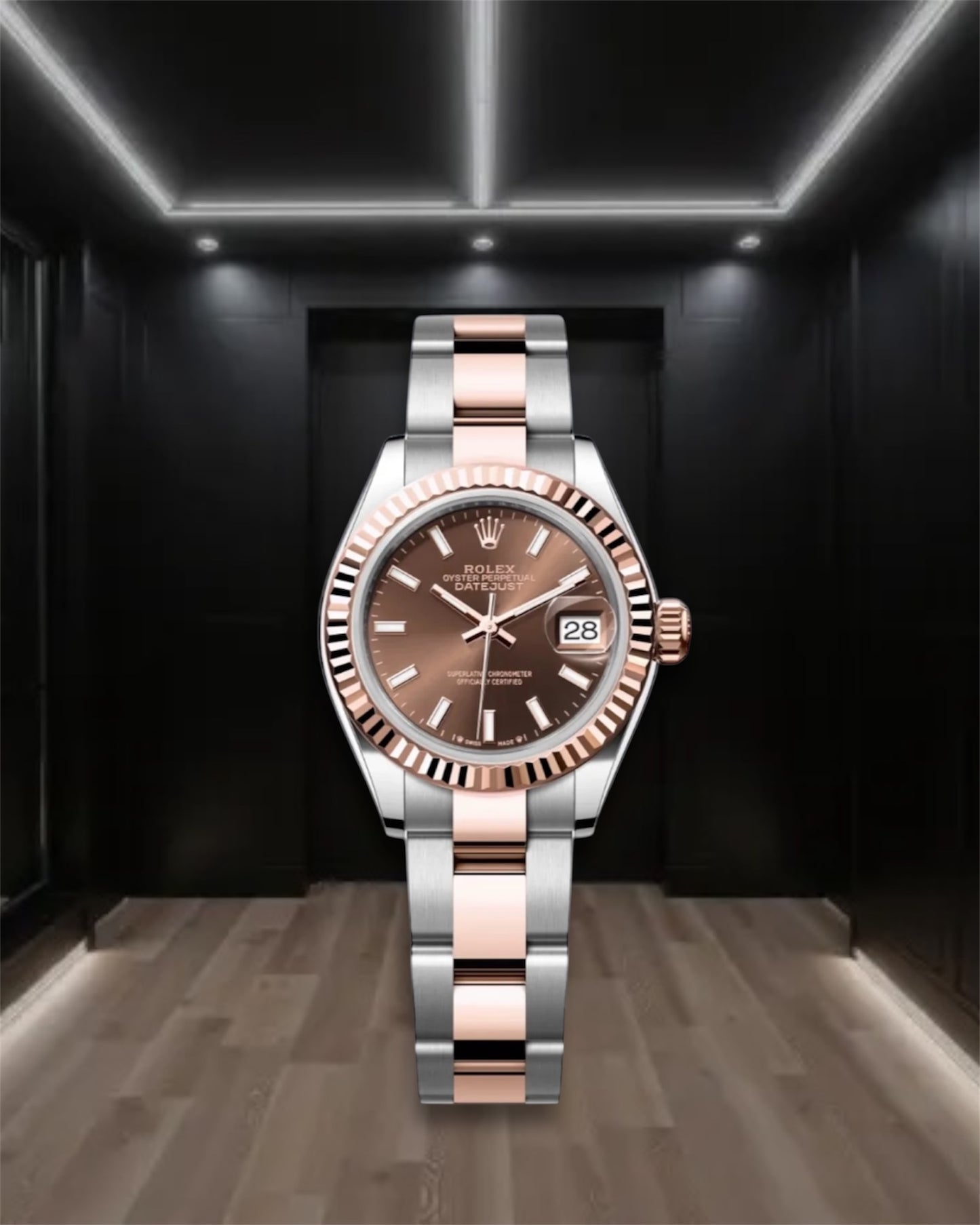 Lady Datejust 28 Two Tone Everose Gold Chocolate Dial Fluted Bezel Stick Markers Oyster