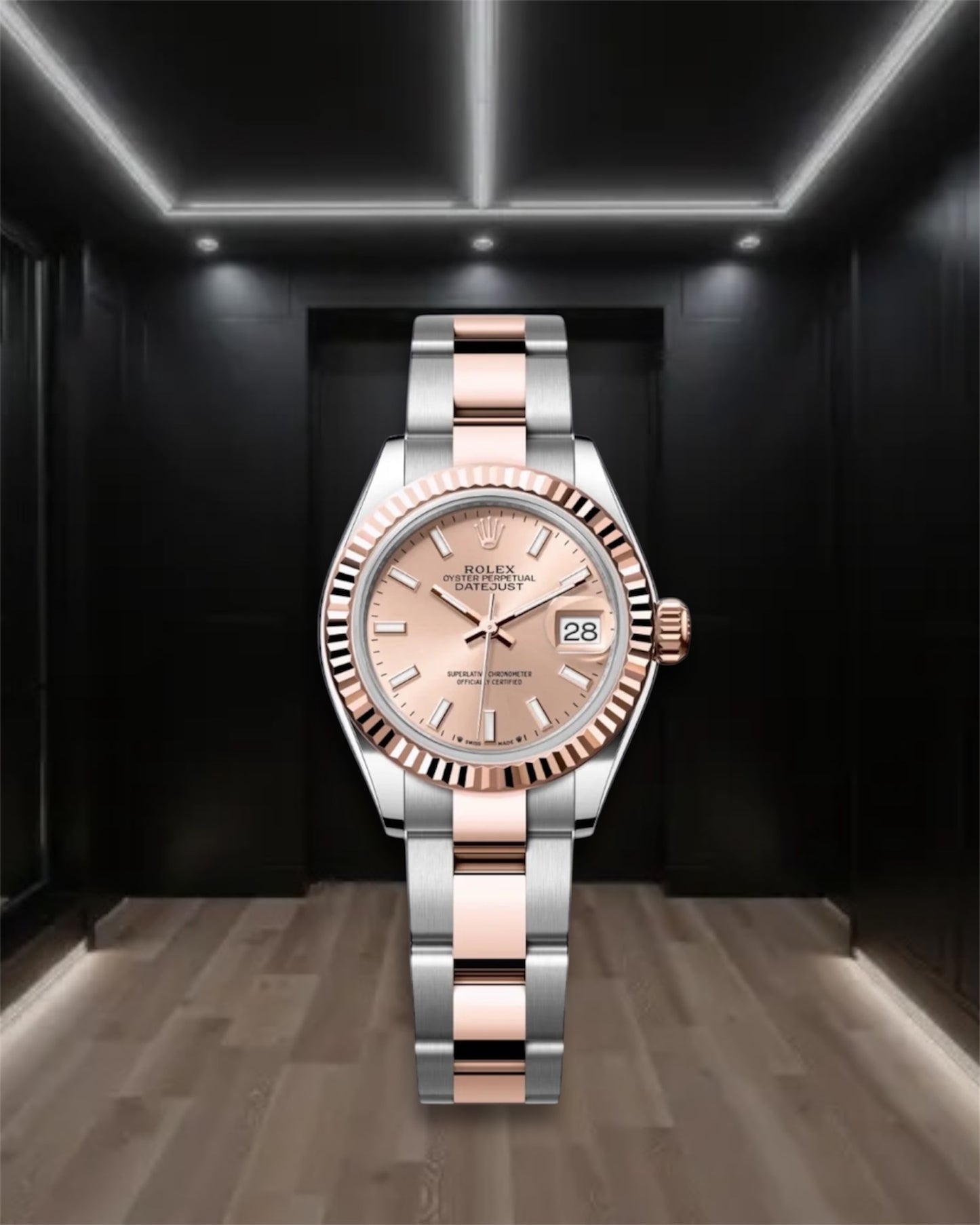 Lady Datejust 28 Two Tone Everose Gold Rose Dial Fluted Bezel Stick Markers Oyster