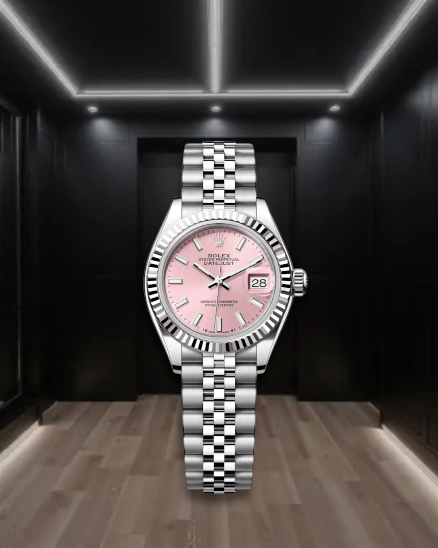 Lady Datejust 28 Steel Rose Dial Fluted Bezel Stick Markers Jubilee