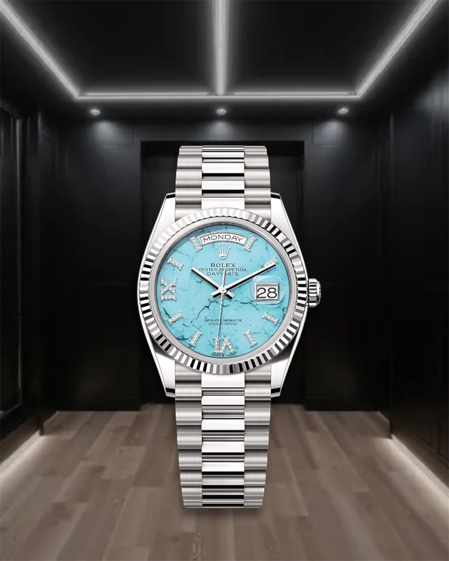 Day-Date Steel Turquoise Dial Fluted Bezel President 36mm