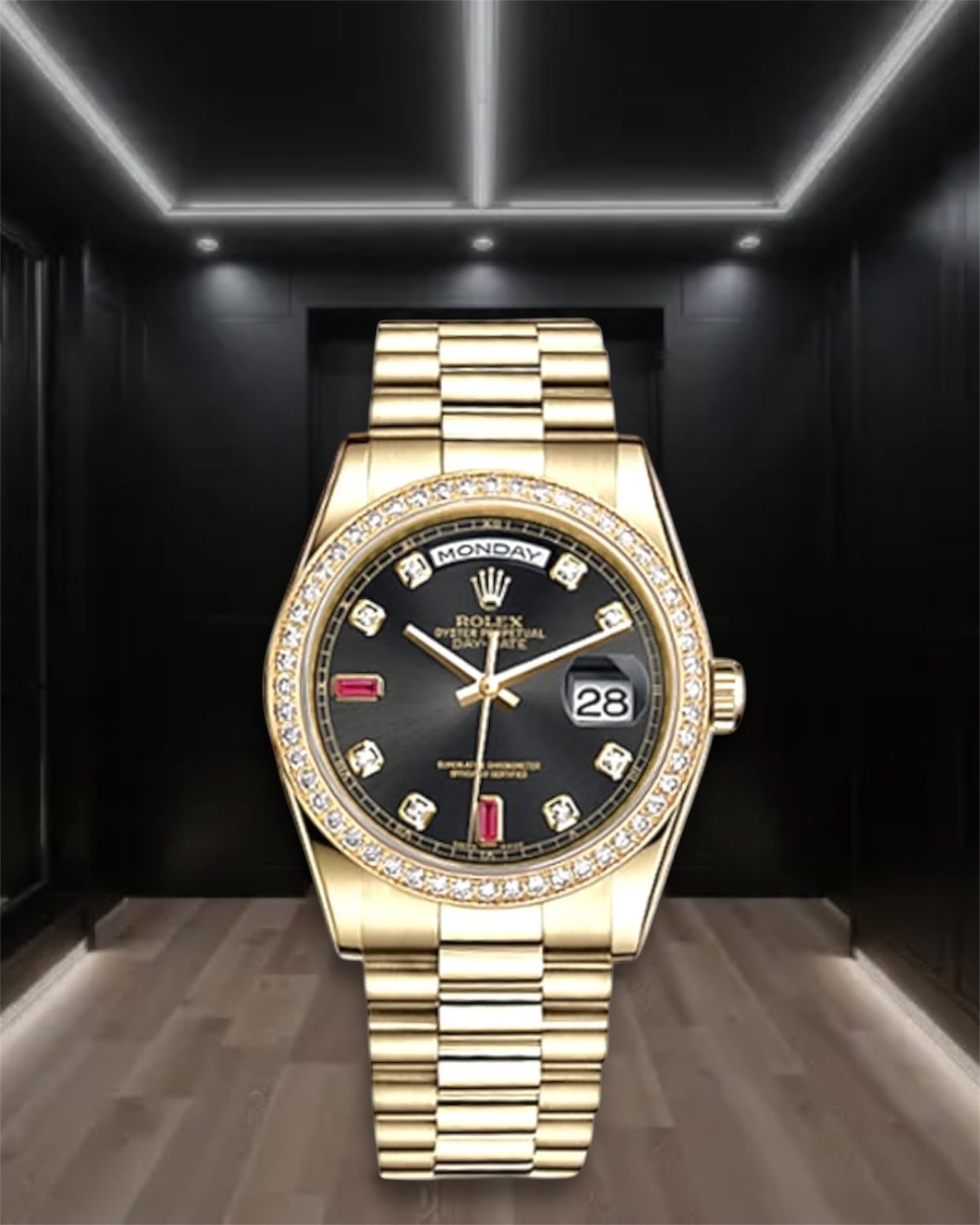 Day-Date Yellow Gold Black Dial Diamond Bezel President 36mm
