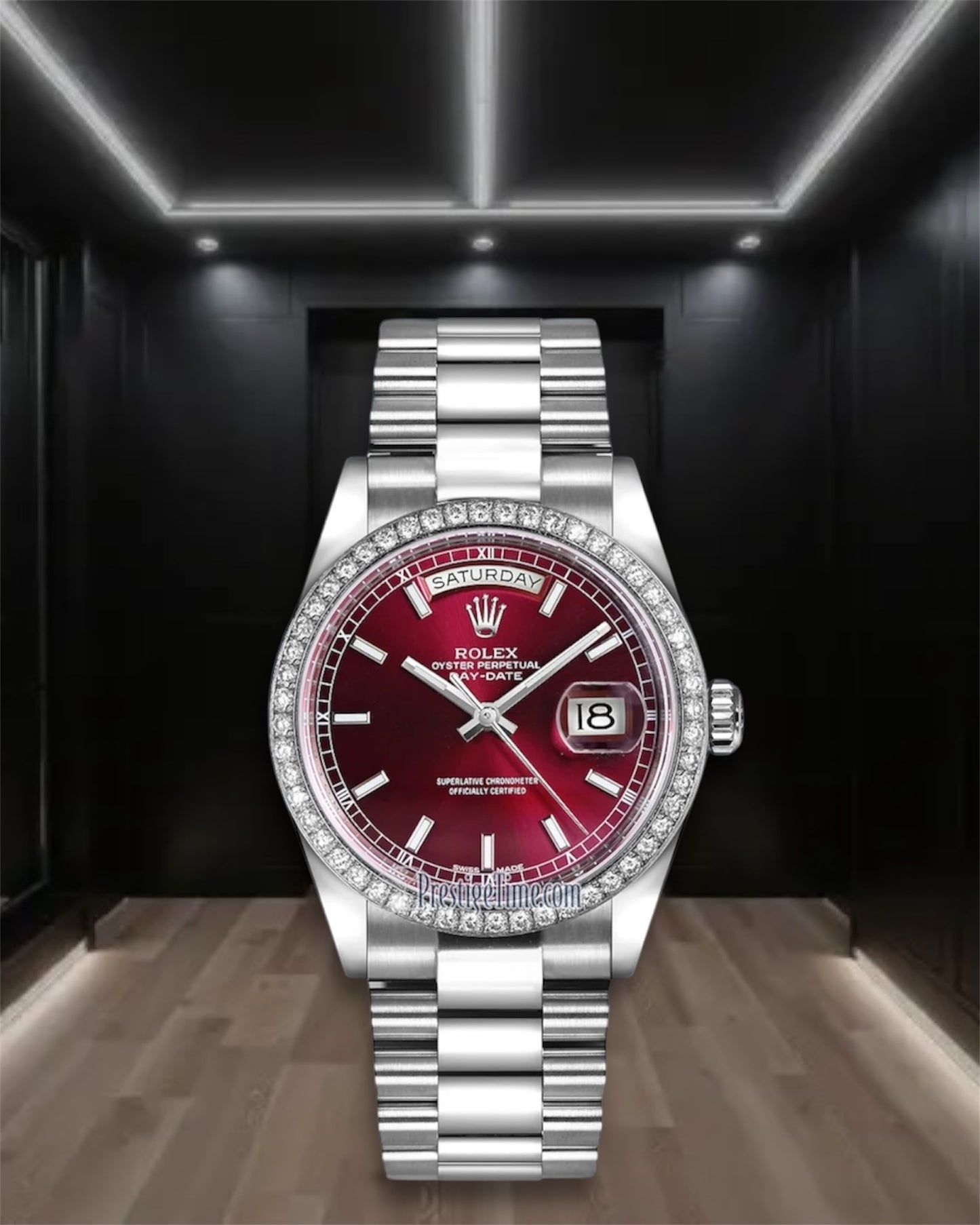 Day-Date Steel Cherry Dial Diamond Bezel President 36mm