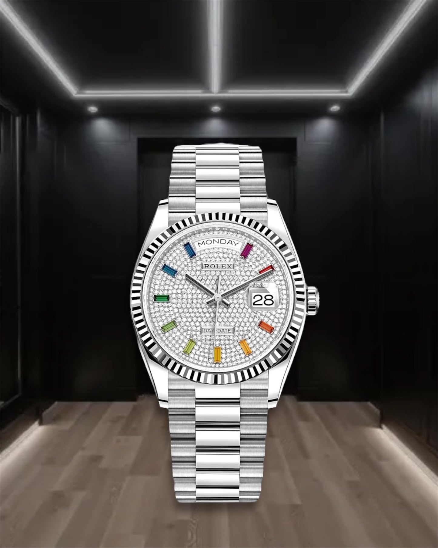Day-Date Steel Pave Rainbow Dial Diamond Bezel President 36mm