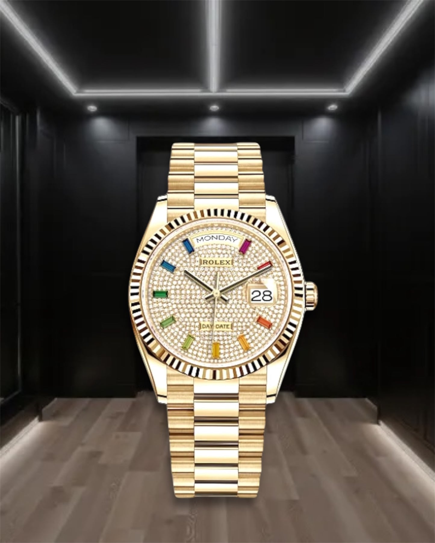 Day-Date Yellow Gold Pave Rainbow Dial Diamond Bezel President 36mm