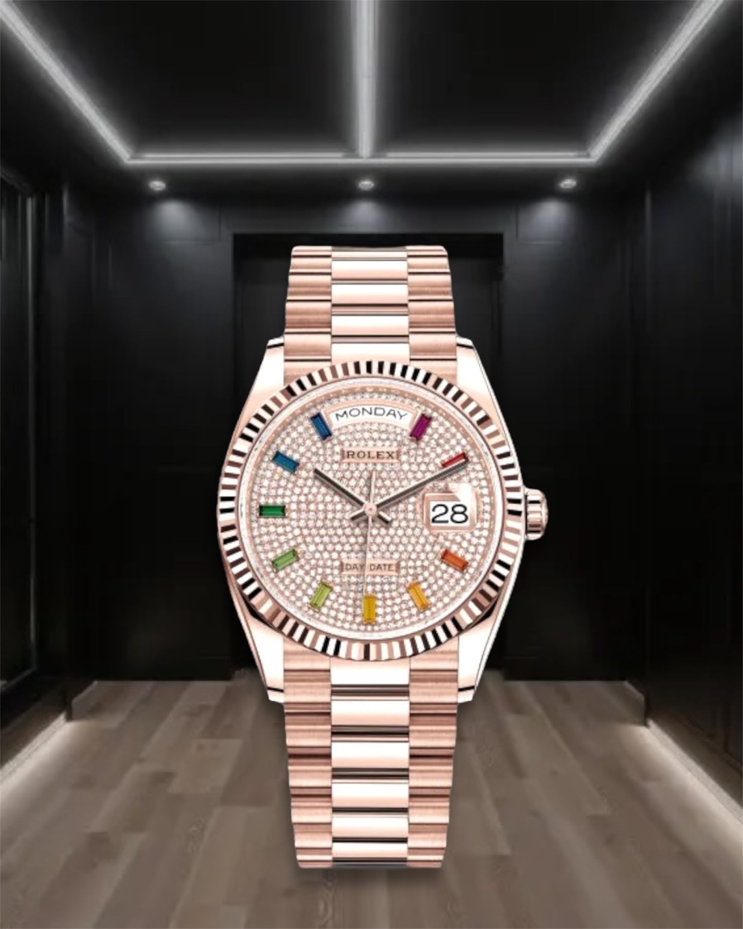 Day-Date Everose Gold Pave Rainbow Dial Diamond Bezel President 36mm