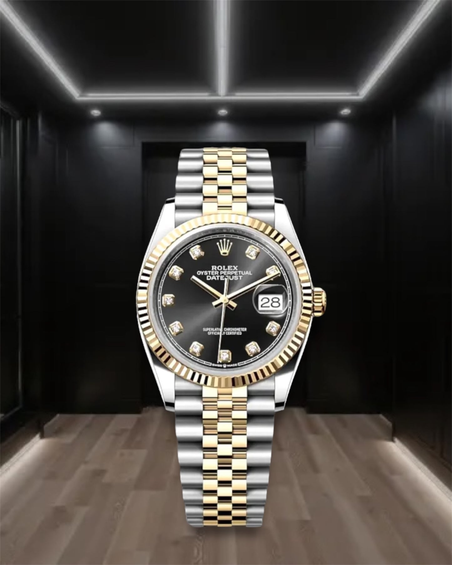 Datejust 36 Two Tone Yellow Gold Black Dial Diamonds Jubilee