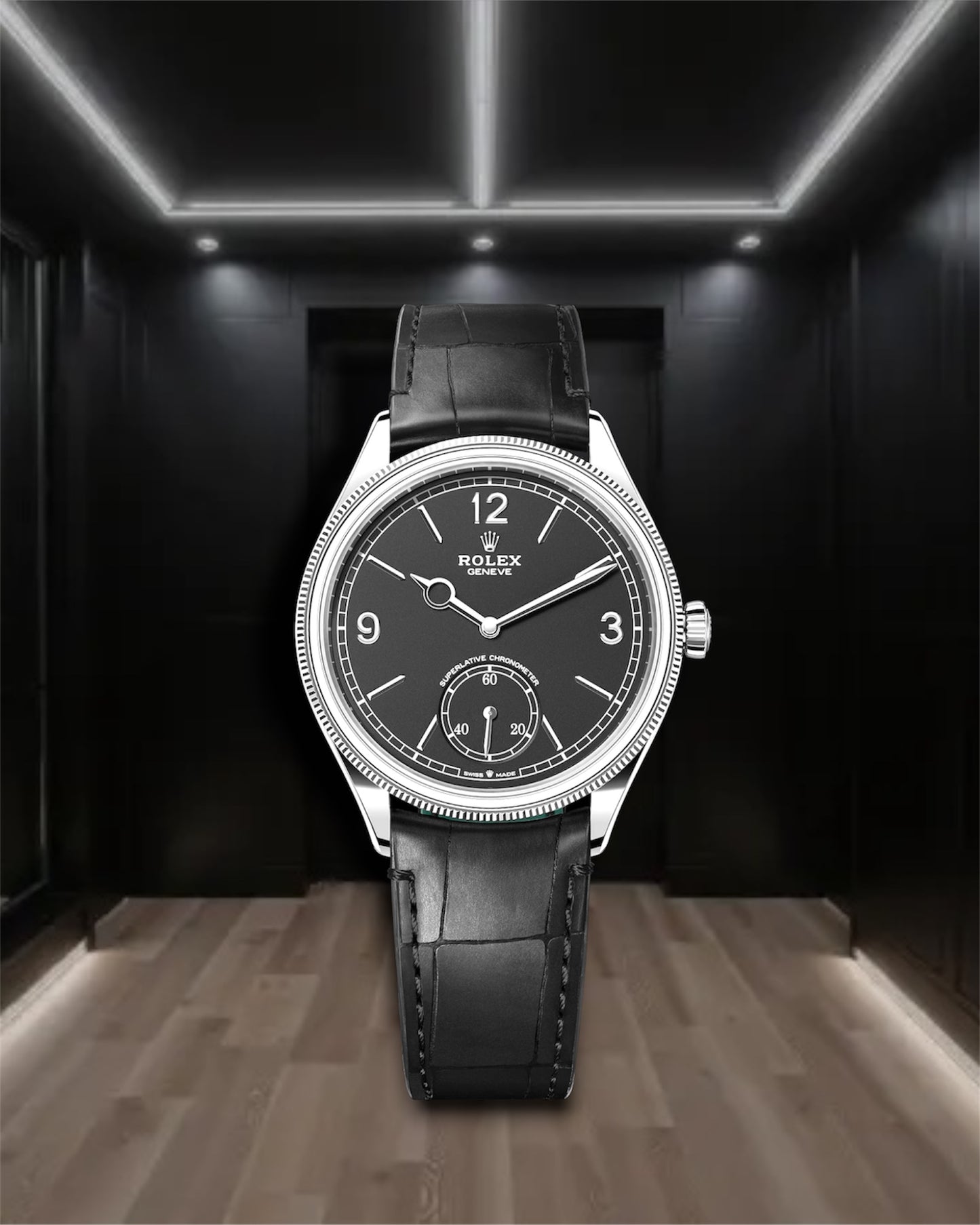 Perpetual 1908 Steel Black Dial Black Leather Strap 39mm Ref 52509-0002