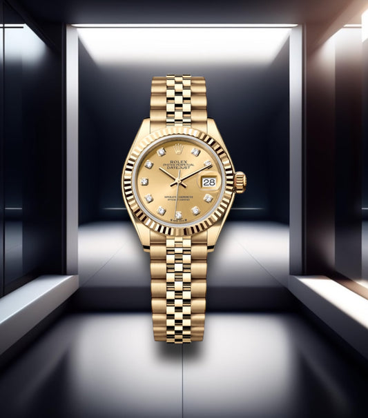 Lady Datejust 28 Gold Champagne Dial Fluted Bezel Diamond Markers Jubilee