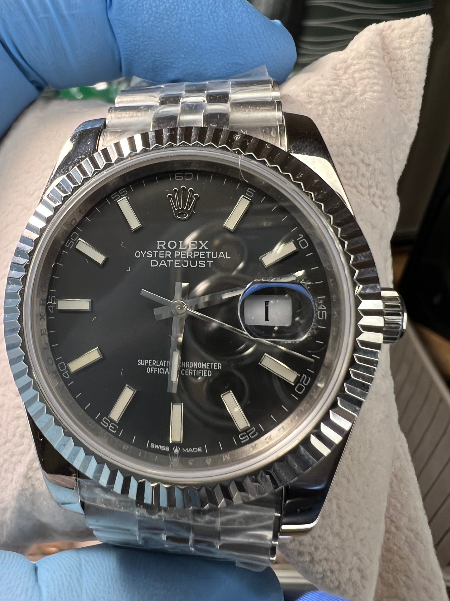 Datejust 41 Steel Dark Grey Dial Stick Markers Fluted Bezel Jubilee