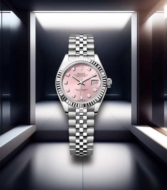 Lady Datejust 28 Steel Rose Dial Fluted Bezel Diamond Markers Jubilee