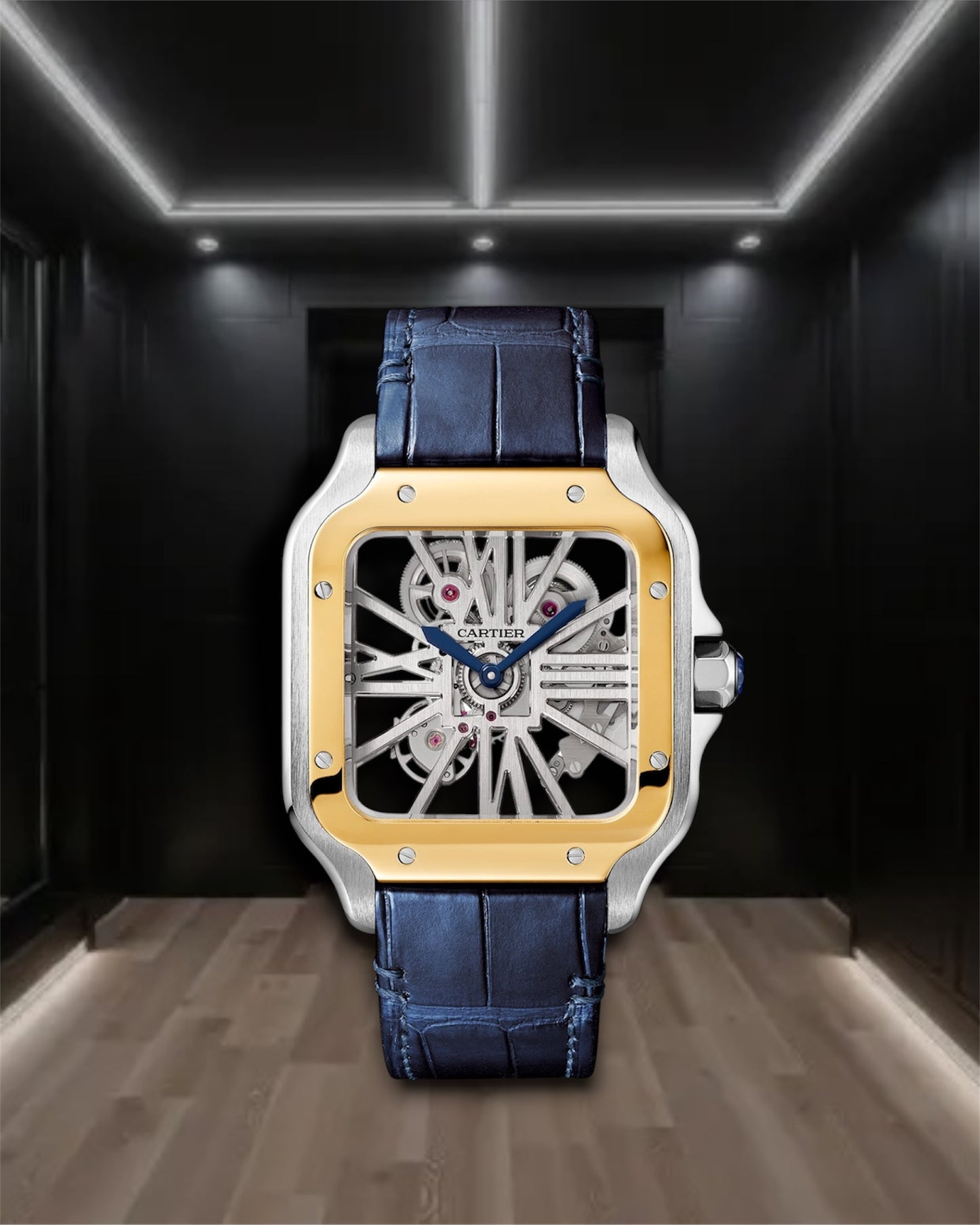 Cartier Santos de Cartier Skeleton Large Two Tone Blue Leather Strap 40mm