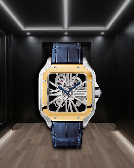 Cartier Santos de Cartier Skeleton Large Two Tone Blue Leather Strap 40mm