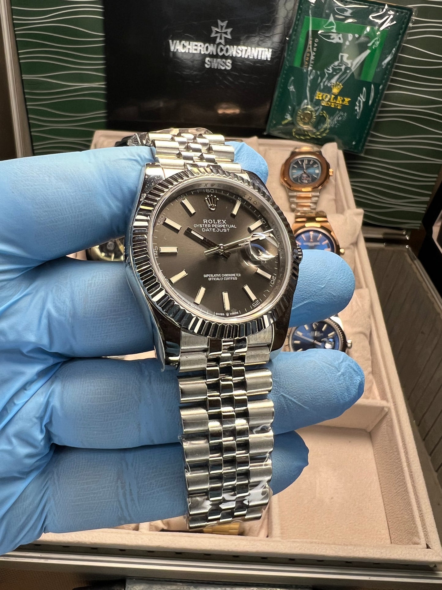 Datejust 41 Steel Dark Grey Dial Stick Markers Fluted Bezel Jubilee