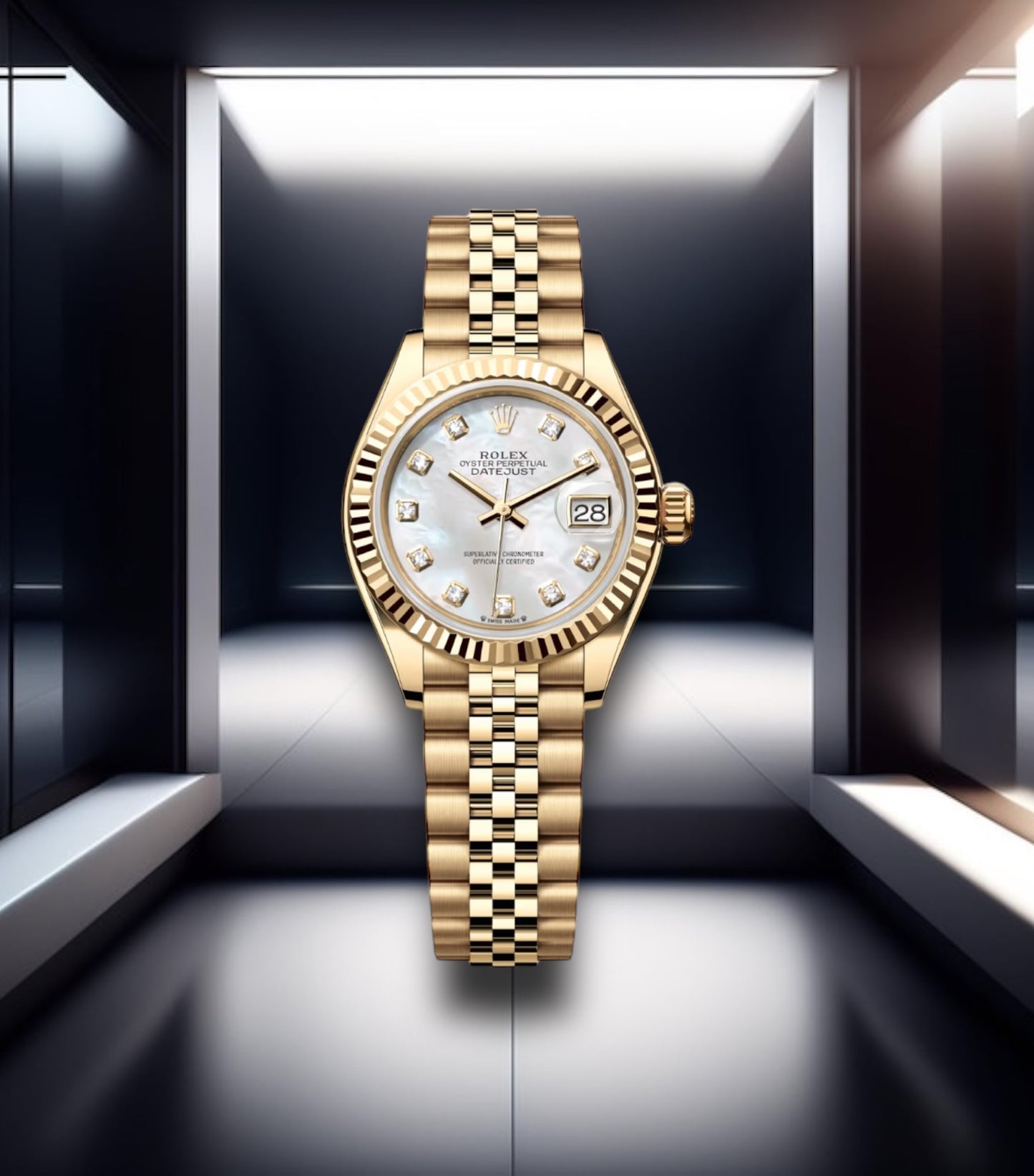 Lady Datejust 28 Gold White “Mother Of Pearl” Dial Fluted Bezel Diamond Markers Jubilee