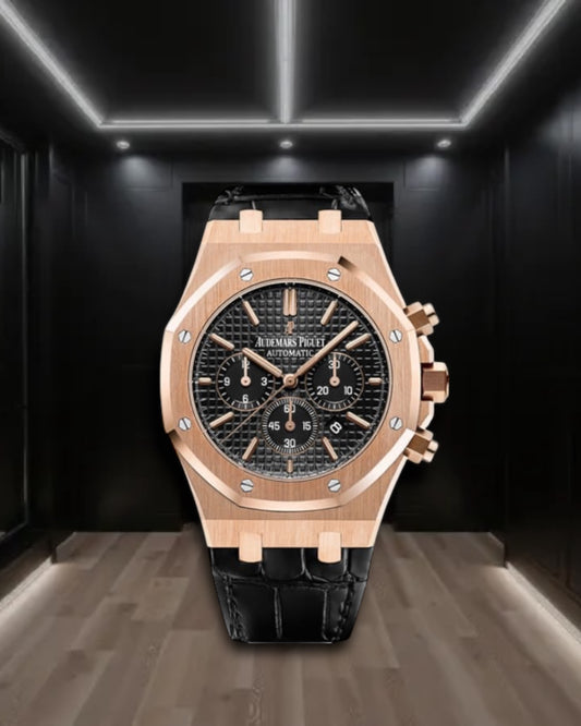 Audemars Piguet Royal Oak Chronograph Rose Gold Black Leather Strap 41mm