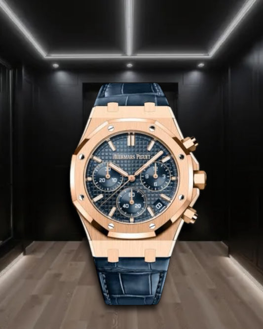 Audemars Piguet Royal Oak Chronograph Rose Gold Blue Leather Strap 41mm