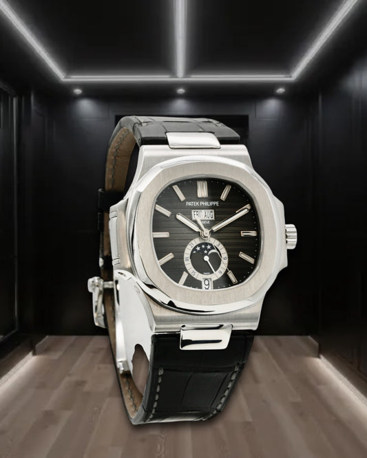 Patek Philippe Nautilus Annual Calendar Moon Phase Steel  Black Dial Leather Strap 40.5mm