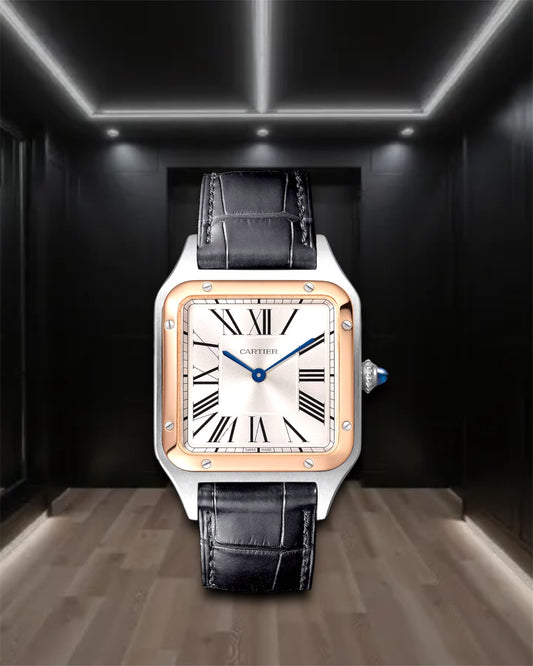 Cartier Santos De Cartier Large Steel & Gold Black Leather Strap 40mm