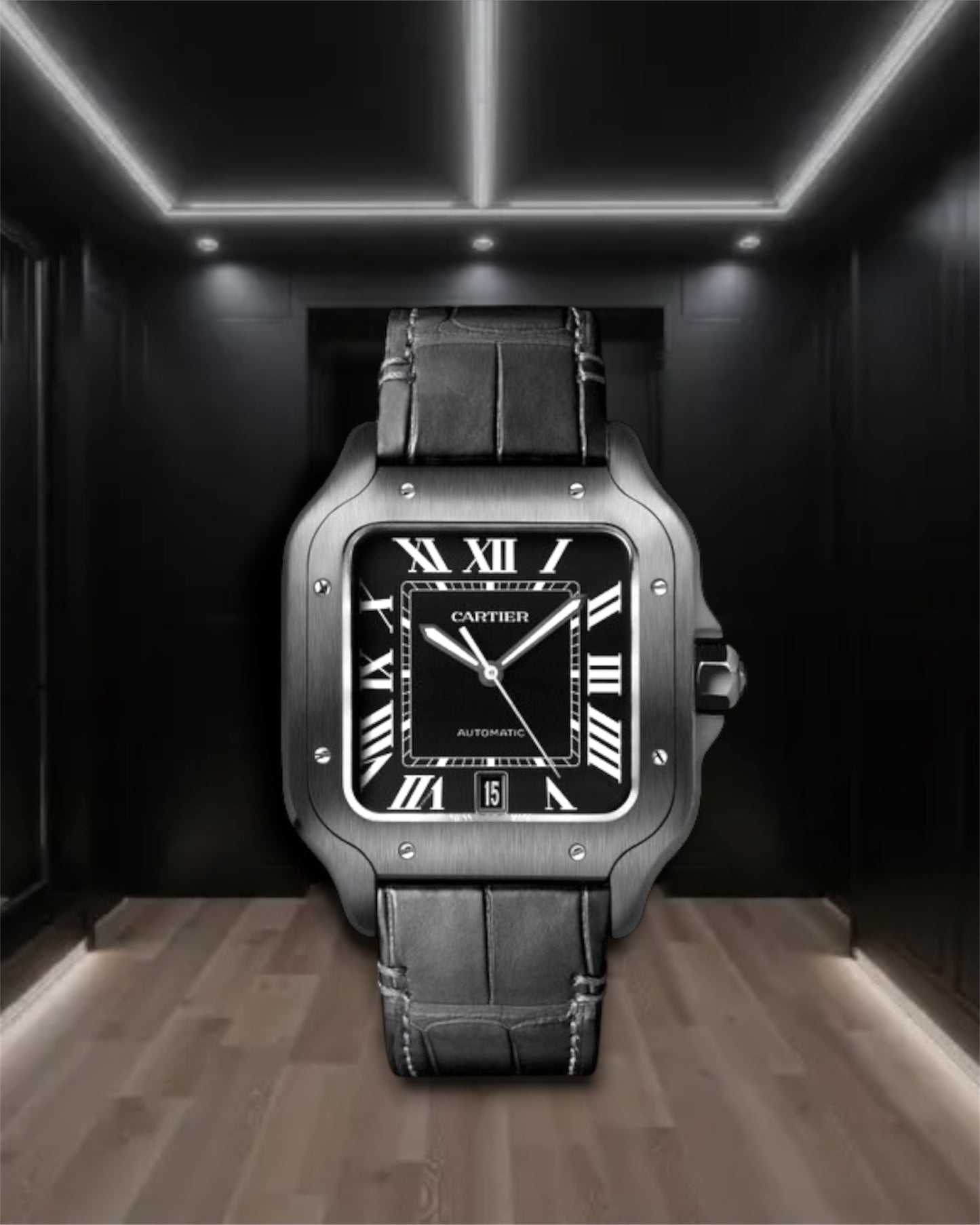 Cartier Santos De Cartier Large All Black Steel Leather Strap 40mm