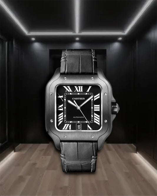 Cartier Santos De Cartier Large All Black Steel Leather Strap 40mm