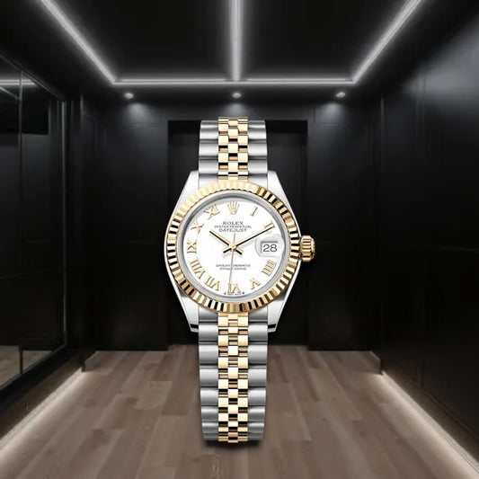 Datejust Two Tone Yellow Gold White Dial Fluted Bezel Roman Markers Jubilee 31mm