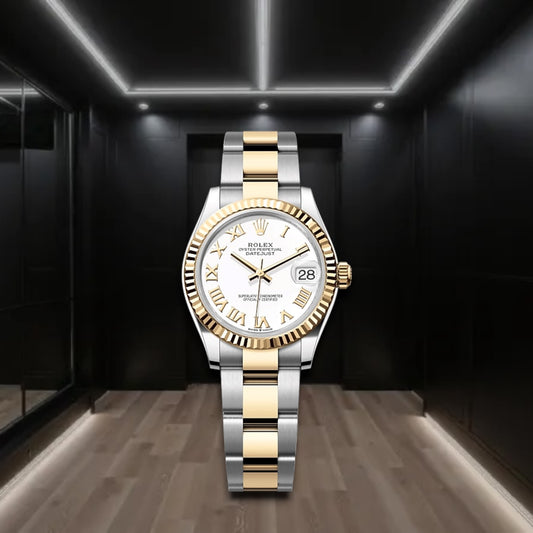 Datejust Two Tone Yellow Gold White Dial Fluted Bezel Roman Markers Oyster 31mm