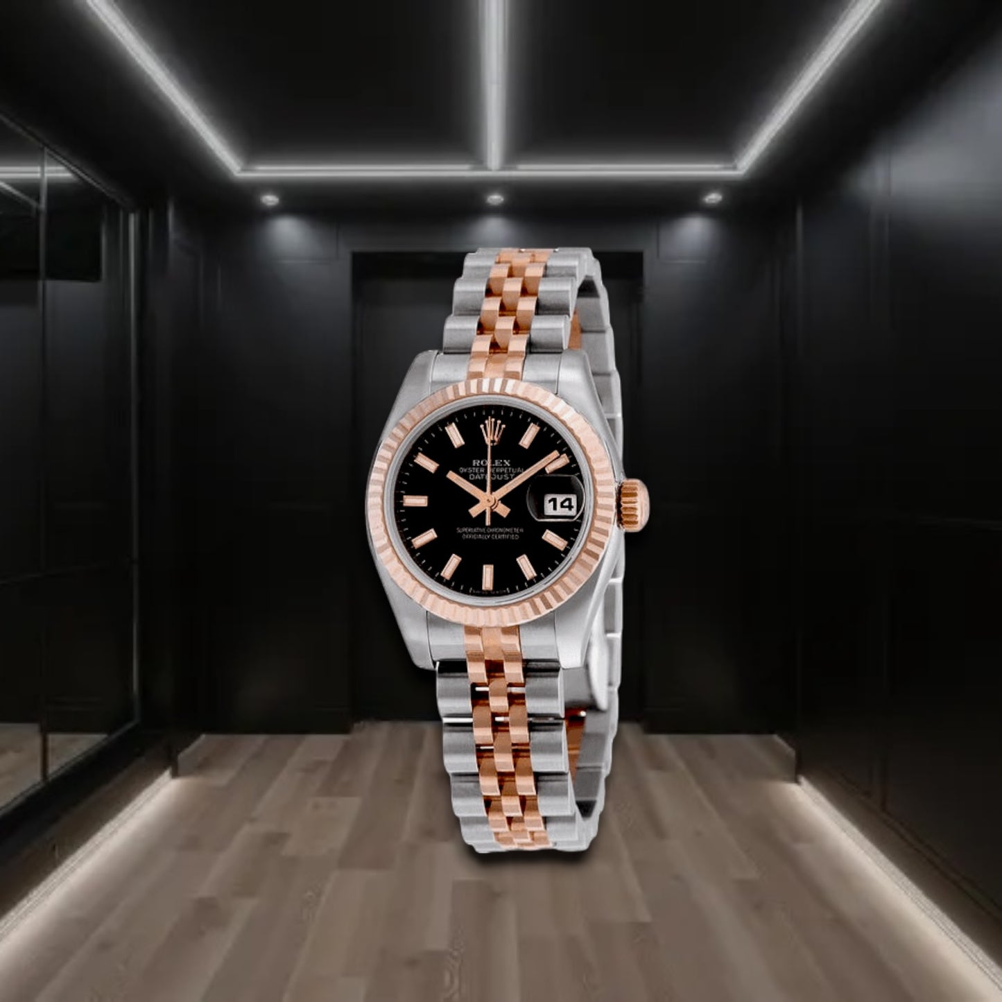 Datejust Two Tone Everose Gold Black Dial Fluted Bezel Stick Markers Jubilee 31mm