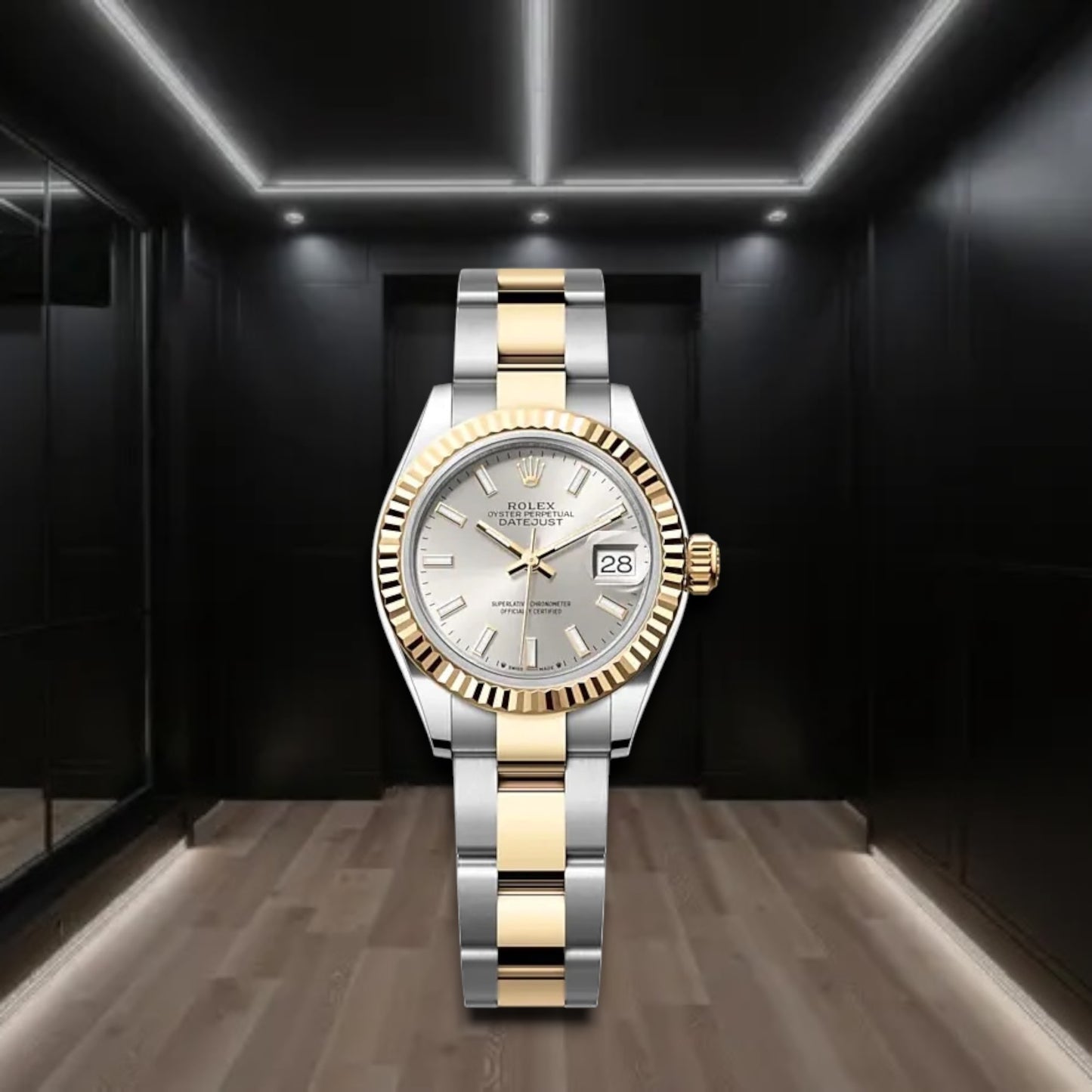 Datejust Two Tone Yellow Gold Silver Dial Fluted Bezel Stick Markers Oyster 31mm