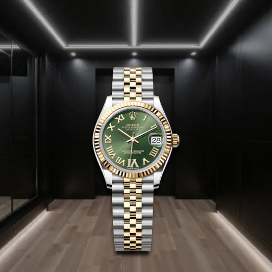 Datejust Two Tone Yellow Gold Green Dial Fluted Bezel Roman Markers Jubilee 31mm
