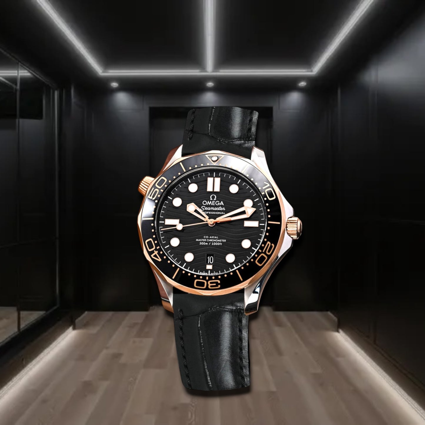 Omega Seamaster Diver 300M Co-Axial Master Chronometer Steel & Rose Gold Leather Strap 42mm