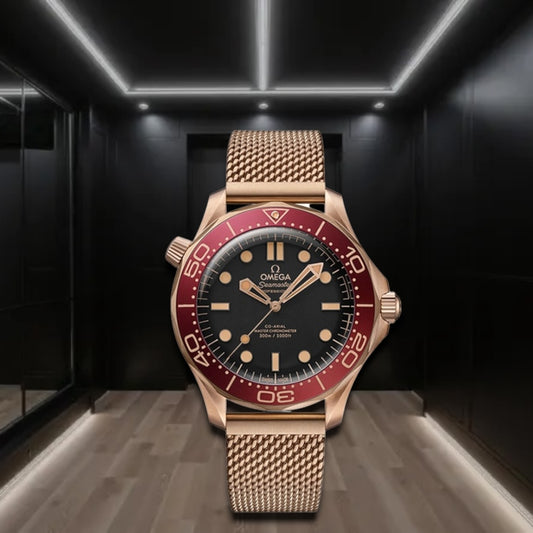Omega Seamaster Diver 300M Bronze Gold Black Dial burgundy Bezel Mesh Bracelet 42mm