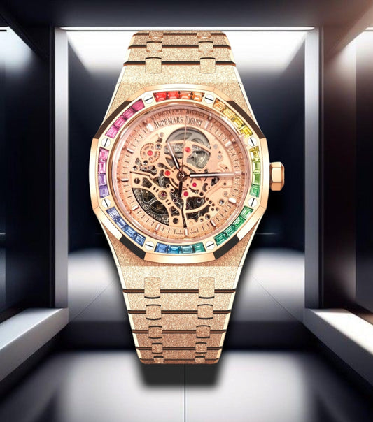 Audemars Piguet Royal Oak Rainbow Crystals Bezel Double Balance Wheel Openworked Frosted Rose Gold 41mm