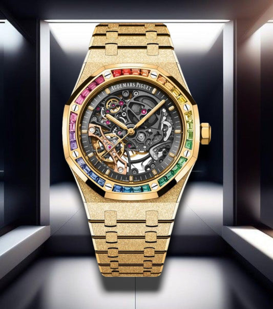 Audemars Piguet Royal Oak Rainbow Crystals Bezel Double Balance Wheel Openworked Frosted Gold 41mm